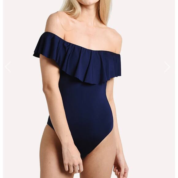 Trina Turk Monaco Off-the-Shoulder Solid Ruffle One Piece Swimsuit Navy - Picture 1 of 6